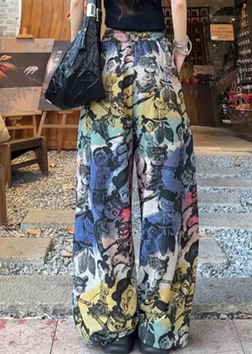 Loose Print Pockets Drawstring Cotton Pants Summer