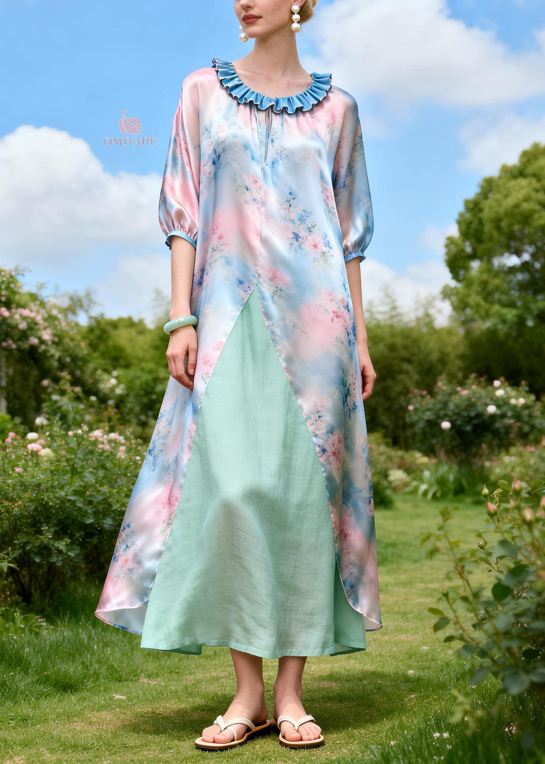 Loose Print Ruffled Patchwork Linen Silk Maxi Dresses Summer