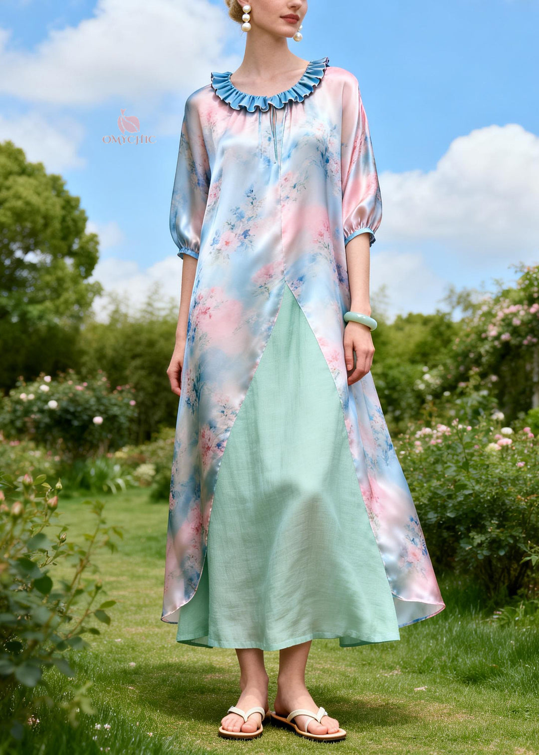 Loose Print Ruffled Patchwork Linen Silk Maxi Dresses Summer