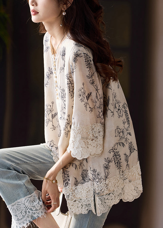 Loose Print Side Open Lace Patchwork Cotton Blouses Bracelet Sleeve