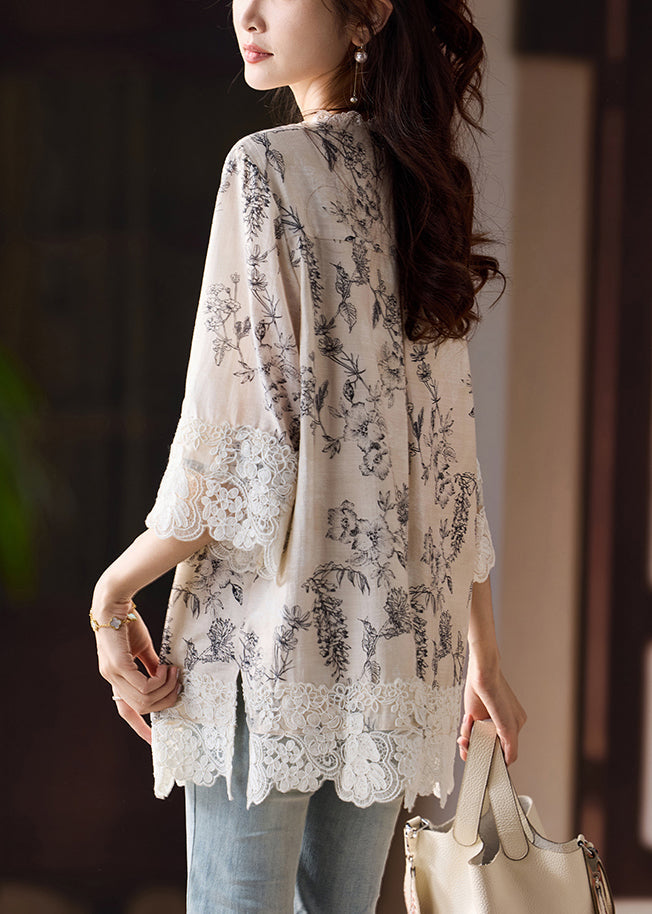 Loose Print Side Open Lace Patchwork Cotton Blouses Bracelet Sleeve