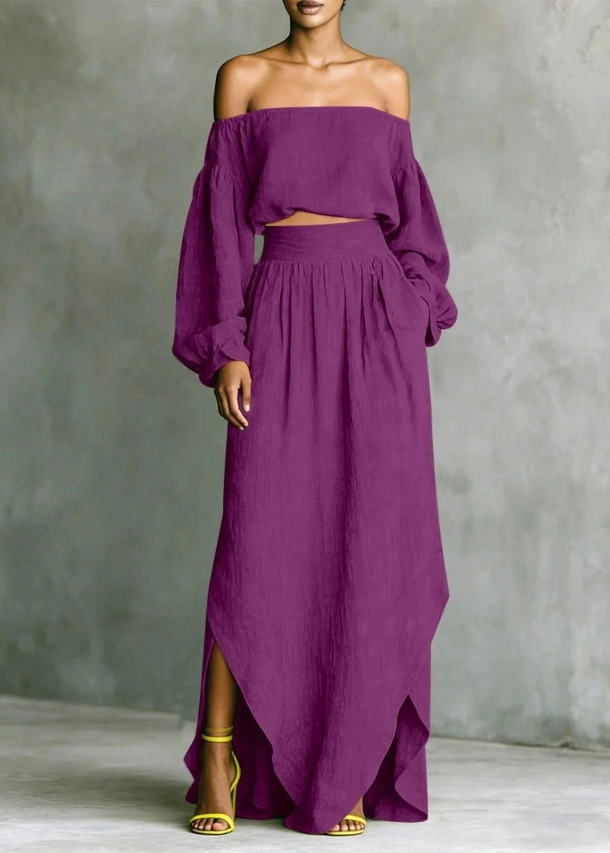 Loose Purple Cold Shoulder Top And Skirts Cotton Two Piece Set Long Sleeve