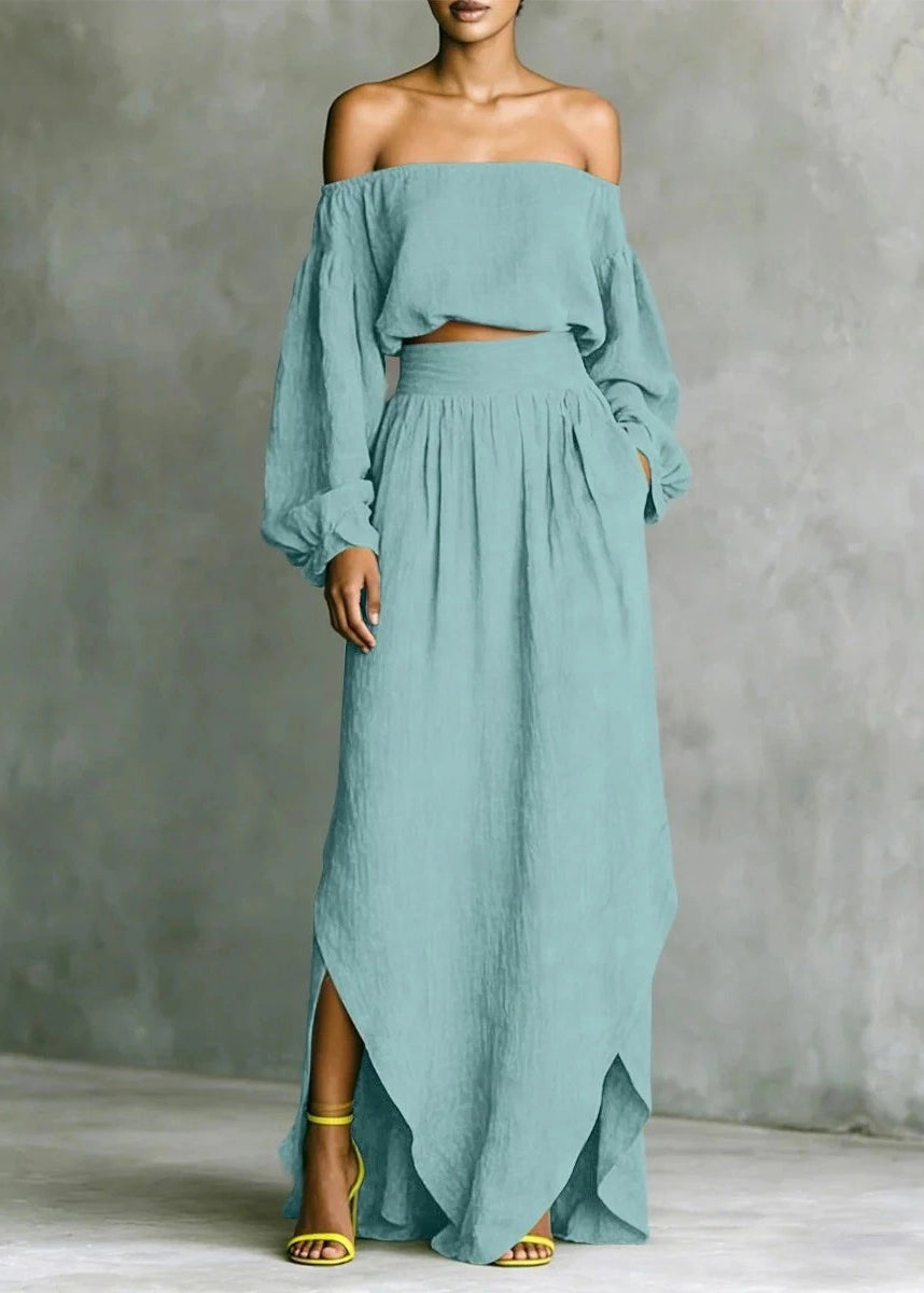 Loose Purple Cold Shoulder Top And Skirts Cotton Two Piece Set Long Sleeve