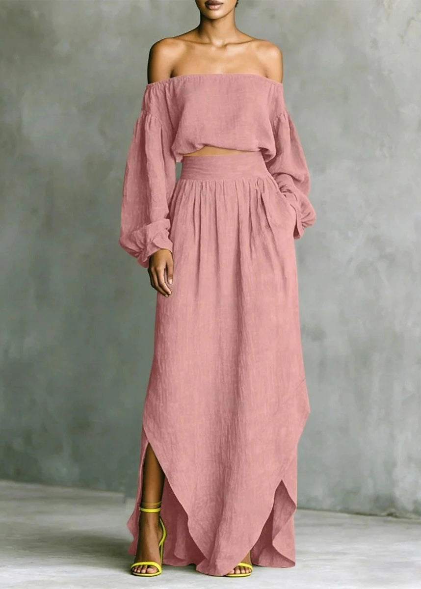 Loose Purple Cold Shoulder Top And Skirts Cotton Two Piece Set Long Sleeve