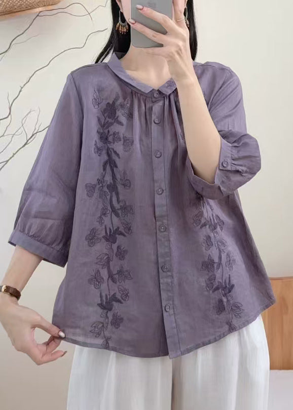 Loose Purple Embroidered Butterfly Linen Blouse Tops Summer