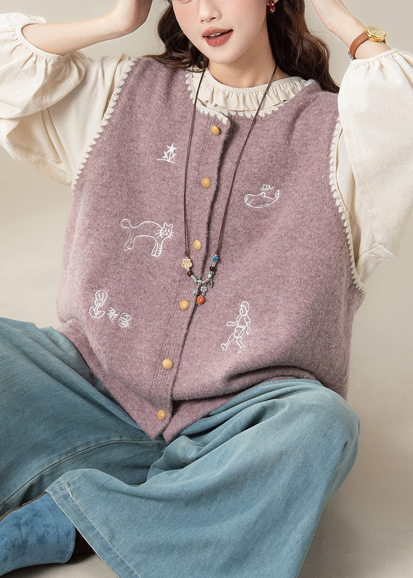 Loose Purple Embroidered Knit Vest  And Apricot Ruffled Cotton Shirts Two Pieces Set Spring