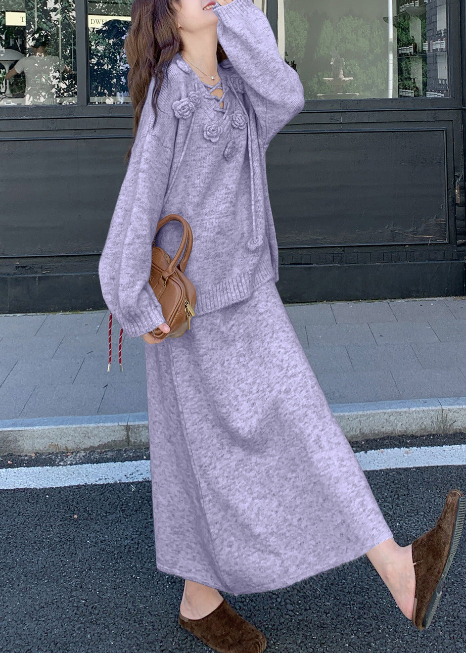 Loose Purple Floral Sweaters And Skirts Knit Two Pieces Set Winter