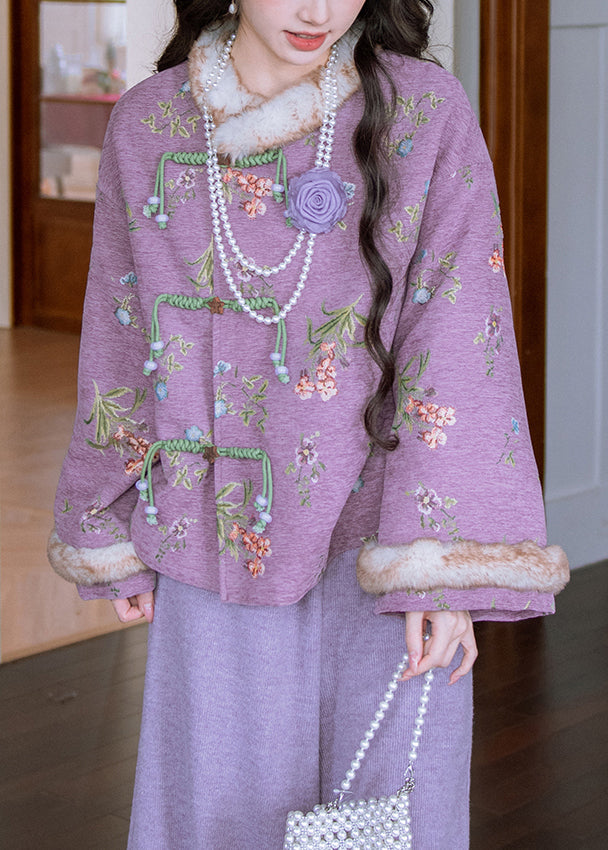 Loose Purple Fur Collar Chinese Button Patchwork Warm Fleece Parka Winter