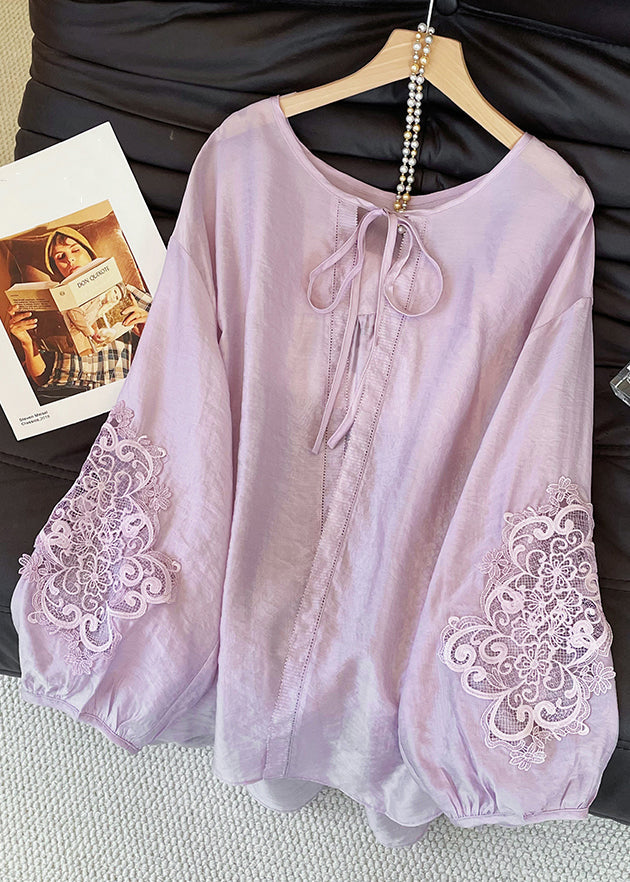 Loose Purple Lace Up Hollow Out Cotton Blouses Fall
