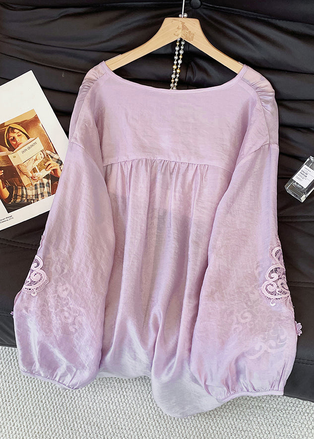 Loose Purple Lace Up Hollow Out Cotton Blouses Fall