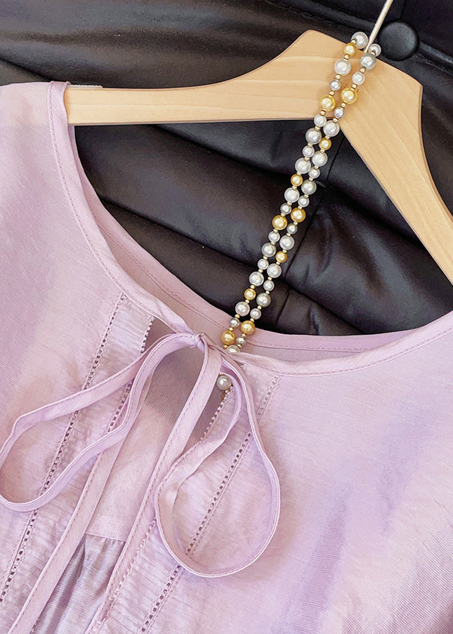 Loose Purple Lace Up Hollow Out Cotton Blouses Fall