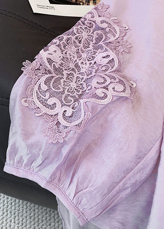 Loose Purple Lace Up Hollow Out Cotton Blouses Fall