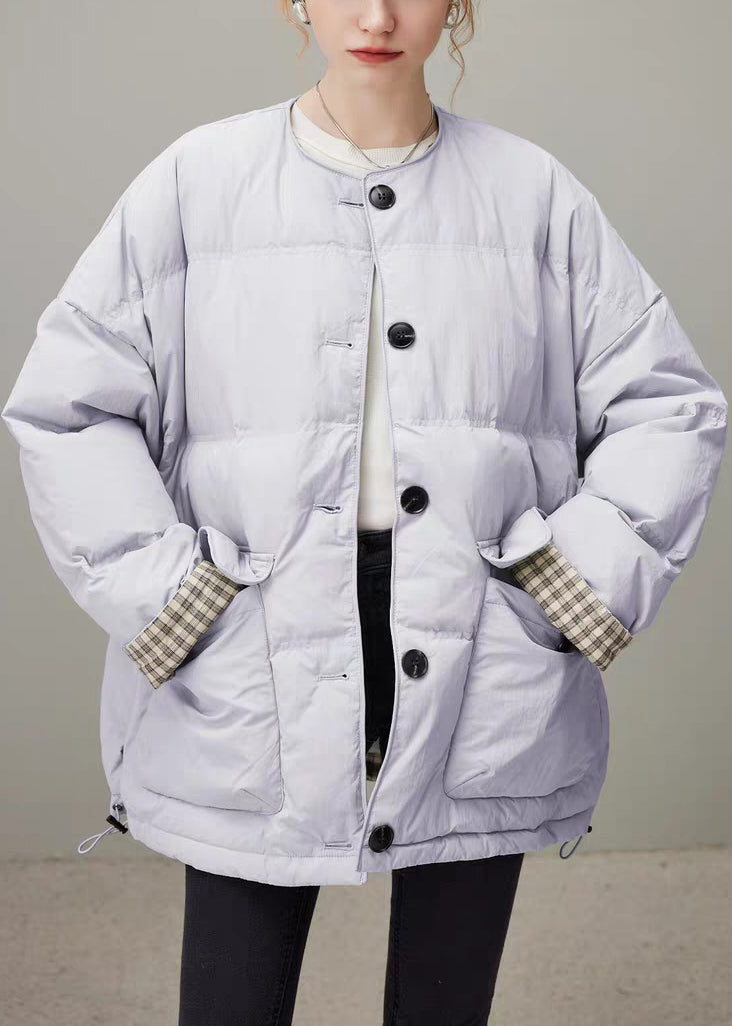 Loose Purple O Neck Plaid Button Duck Down Puffer Coat Winter