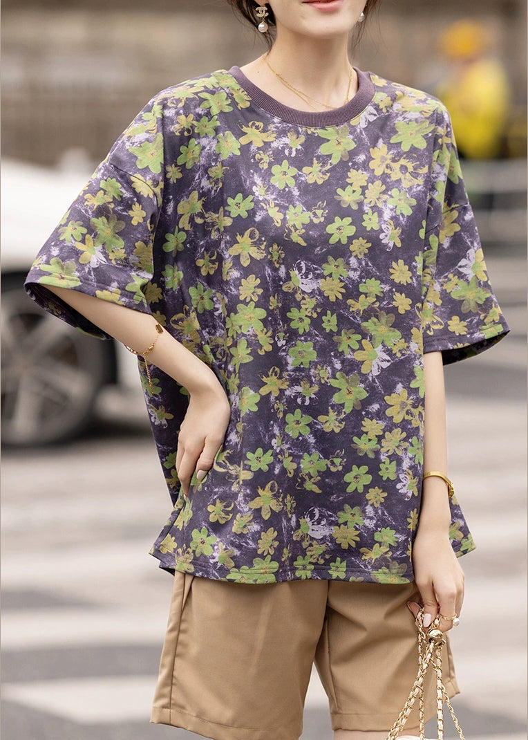 Loose Purple O Neck Print Cotton T Shirt Summer