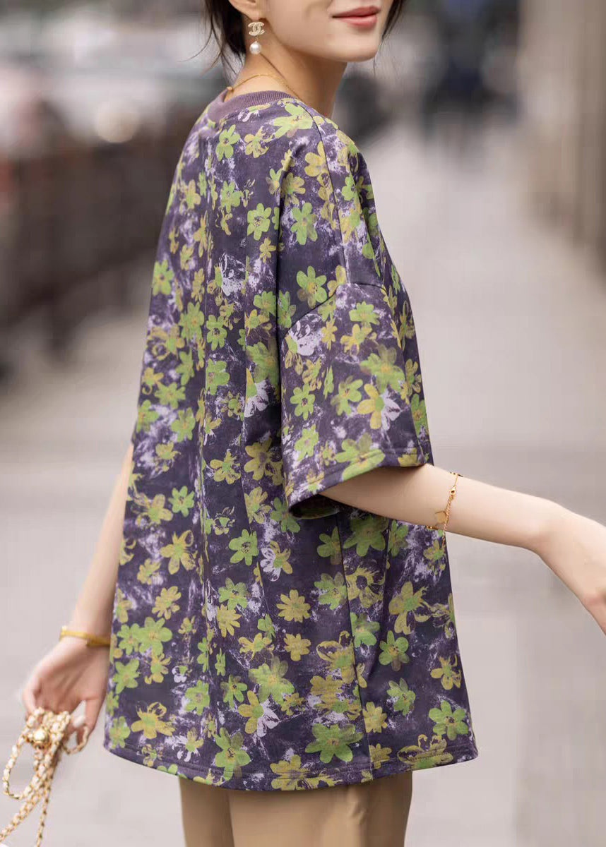 Loose Purple O Neck Print Cotton T Shirt Summer