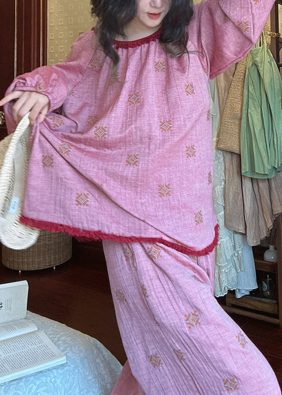 Loose Purple O Neck Print T Shirt And Pants Cotton Pajamas Two Piece Set Fall