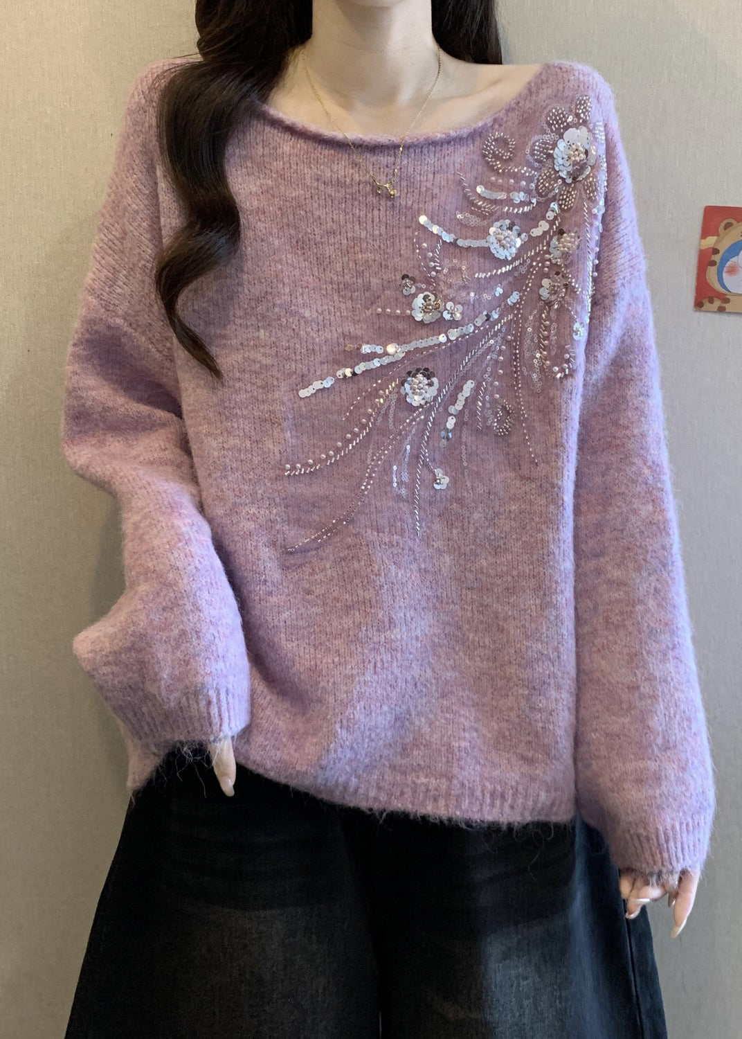 Loose Purple O Neck Sequins Cozy Knit Sweaters Winter