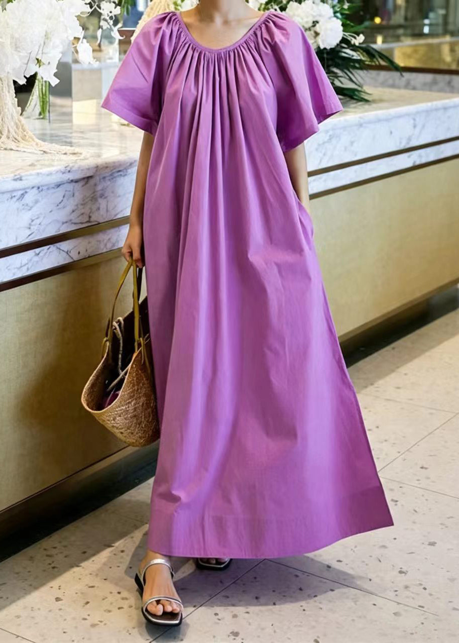 Loose Purple O-Neck Side Open Cotton Maxi Dresses Summer