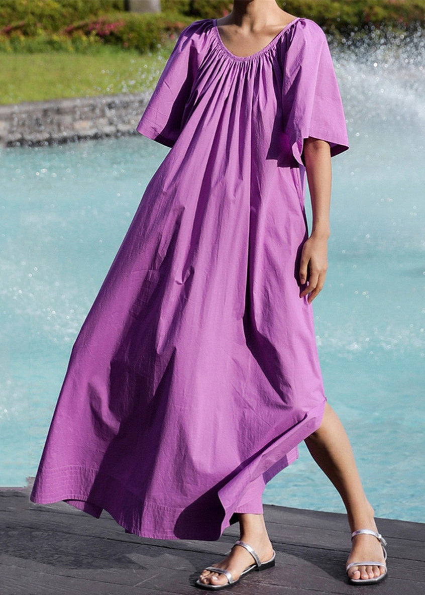 Loose Purple O-Neck Side Open Cotton Maxi Dresses Summer