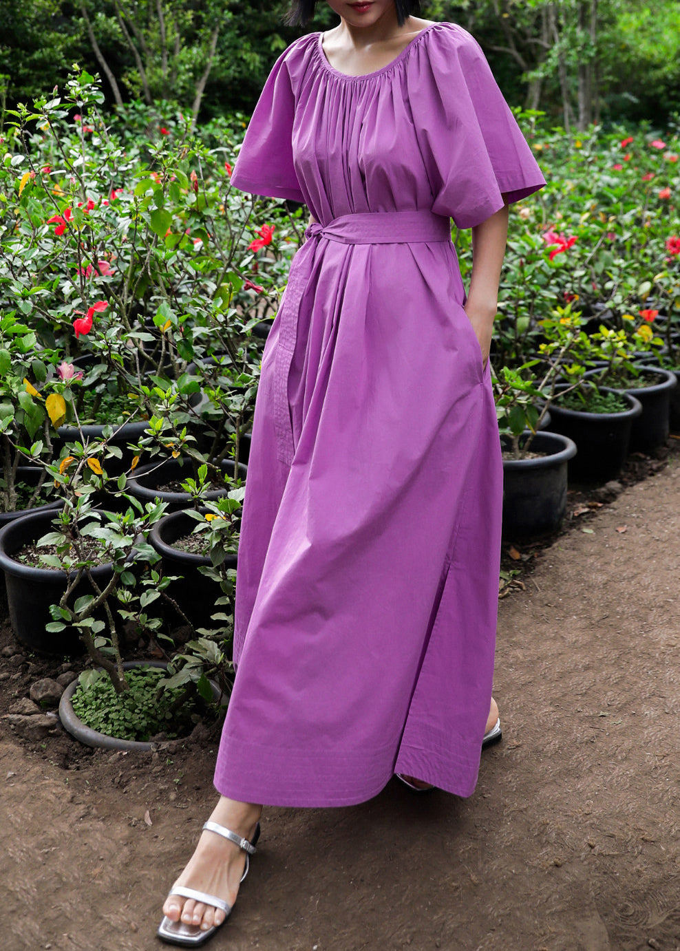 Loose Purple O-Neck Side Open Cotton Maxi Dresses Summer