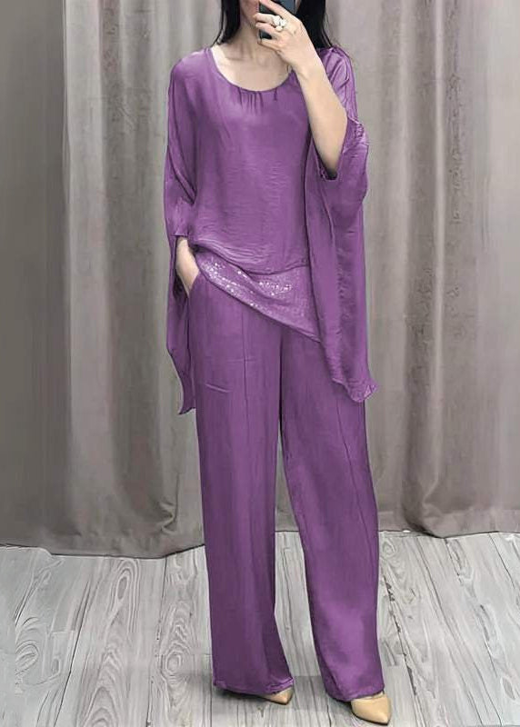 Loose Purple O Neck Solid Tops And Pants Cotton Two Pieces Set Batwing Sleeve