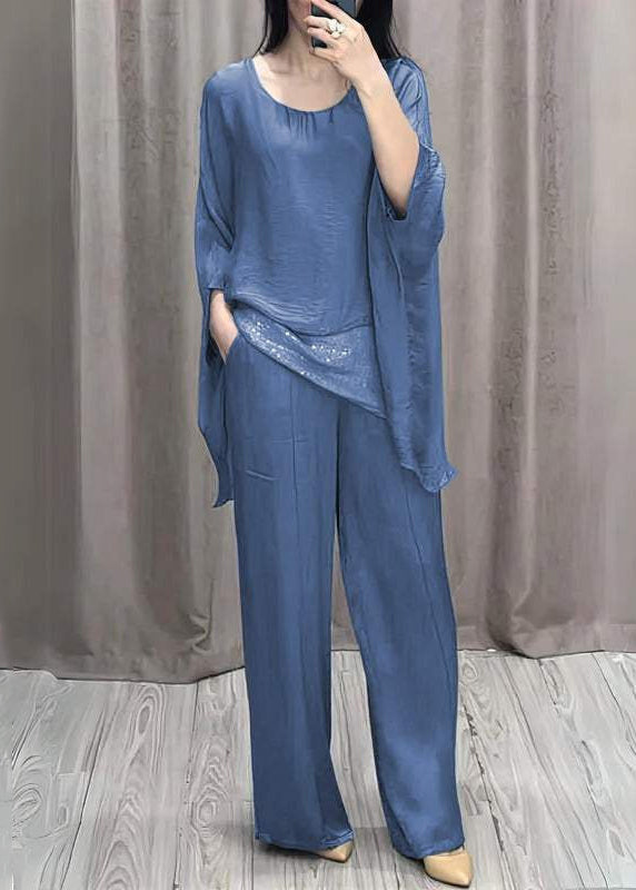 Loose Purple O Neck Solid Tops And Pants Cotton Two Pieces Set Batwing Sleeve