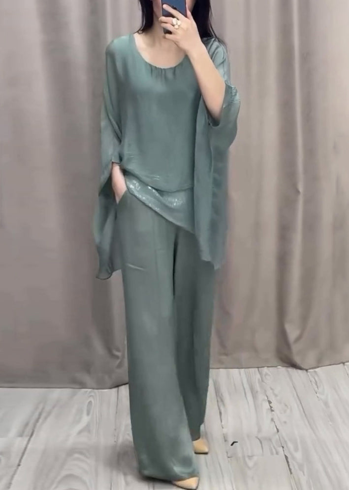 Loose Purple O Neck Solid Tops And Pants Cotton Two Pieces Set Batwing Sleeve
