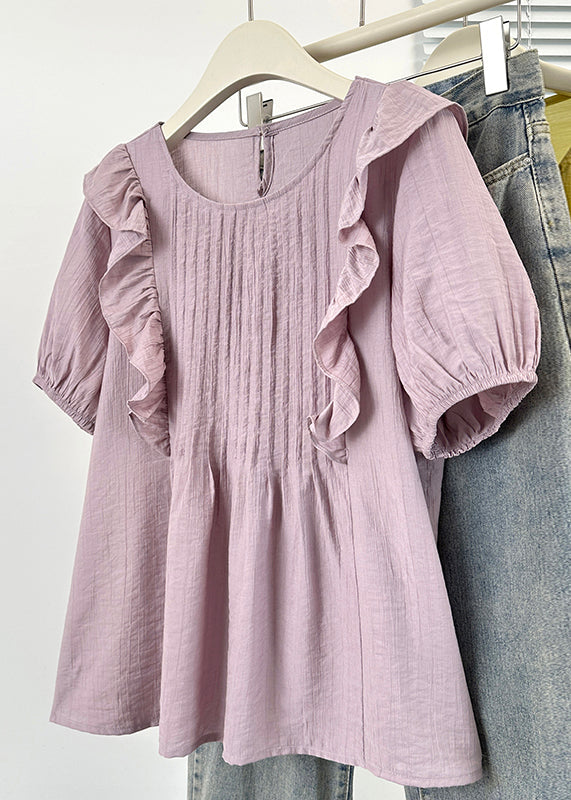 Loose Purple O Neck Wrinkled Cotton Blouse Summer