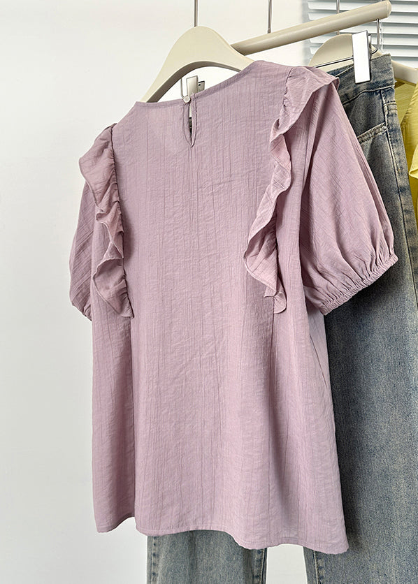 Loose Purple O Neck Wrinkled Cotton Blouse Summer