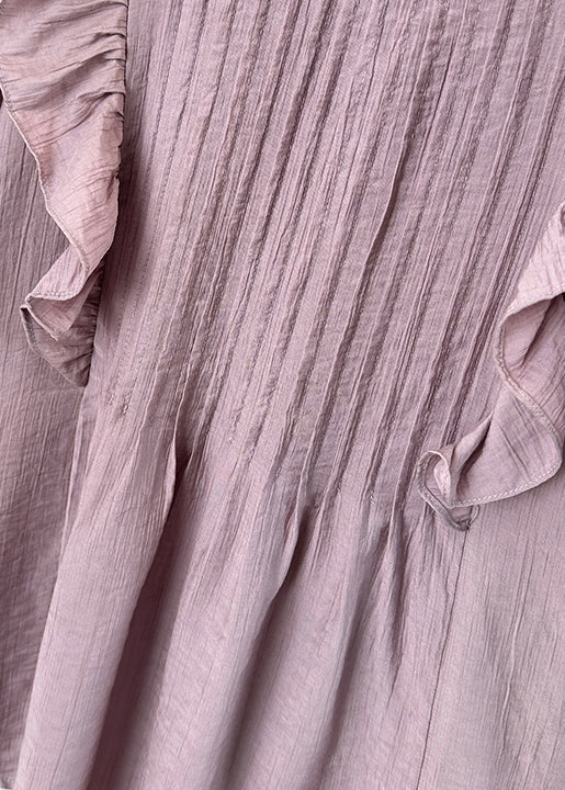 Loose Purple O Neck Wrinkled Cotton Blouse Summer