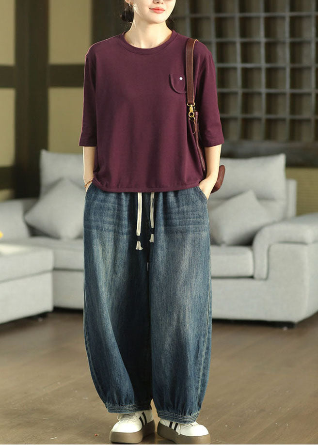 Loose Purple Oversized Cotton Shirt Top Half Sleeve