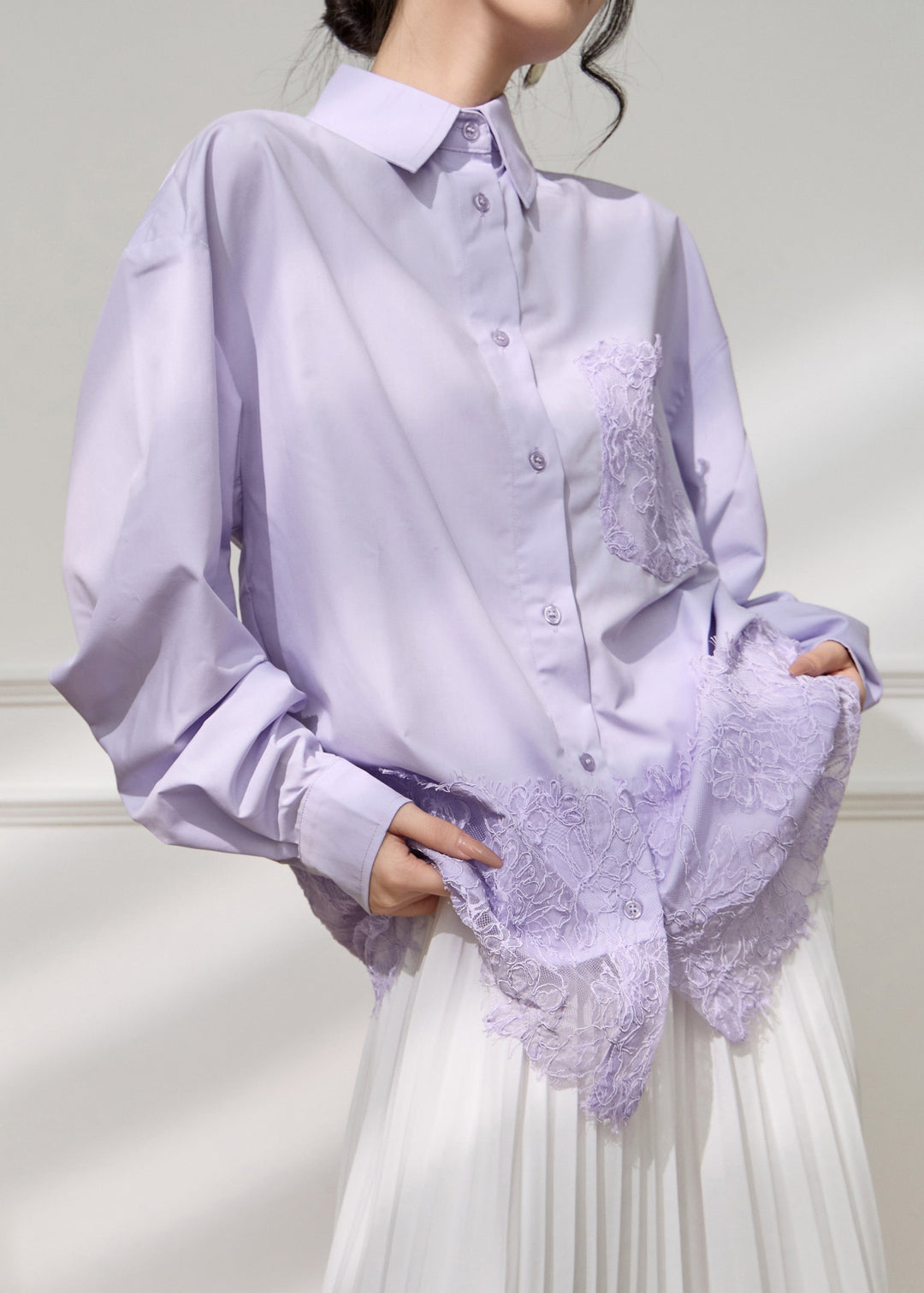Loose Purple Peter Pan Collar Button Lace Cotton Shirt Fall