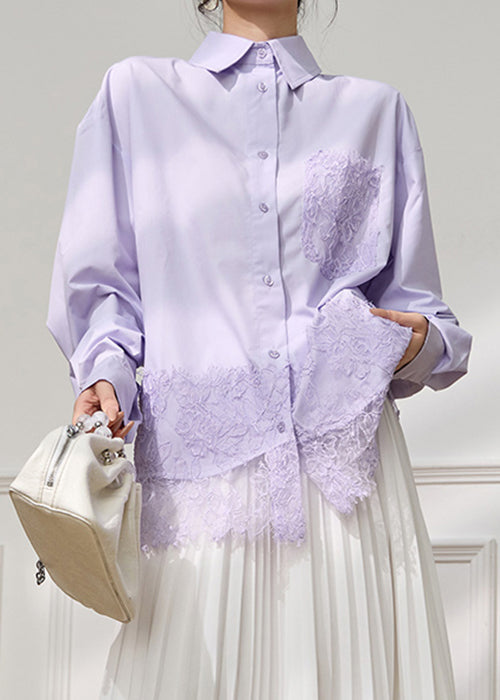 Loose Purple Peter Pan Collar Button Lace Cotton Shirt Fall