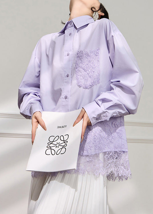 Loose Purple Peter Pan Collar Button Lace Cotton Shirt Fall