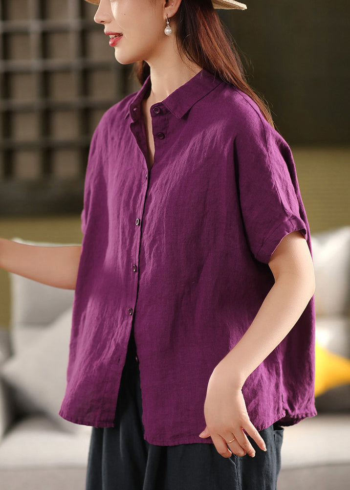 Loose Purple Peter Pan Collar Button Linen Blouses Summer
