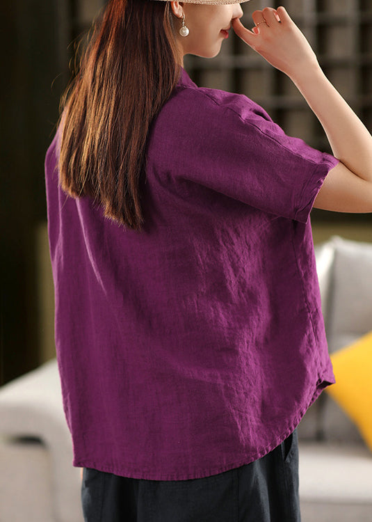 Loose Purple Peter Pan Collar Button Linen Blouses Summer
