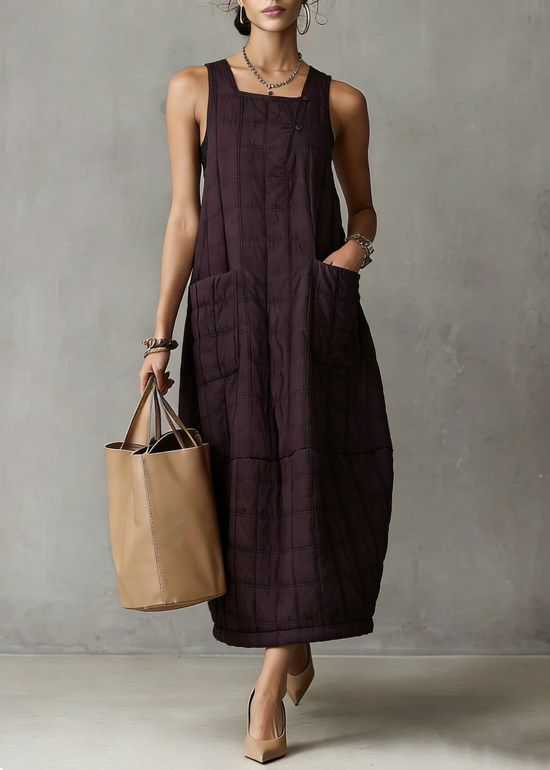 Loose Purple Plaid Pockets Solid Tank Dresses Sleeveless