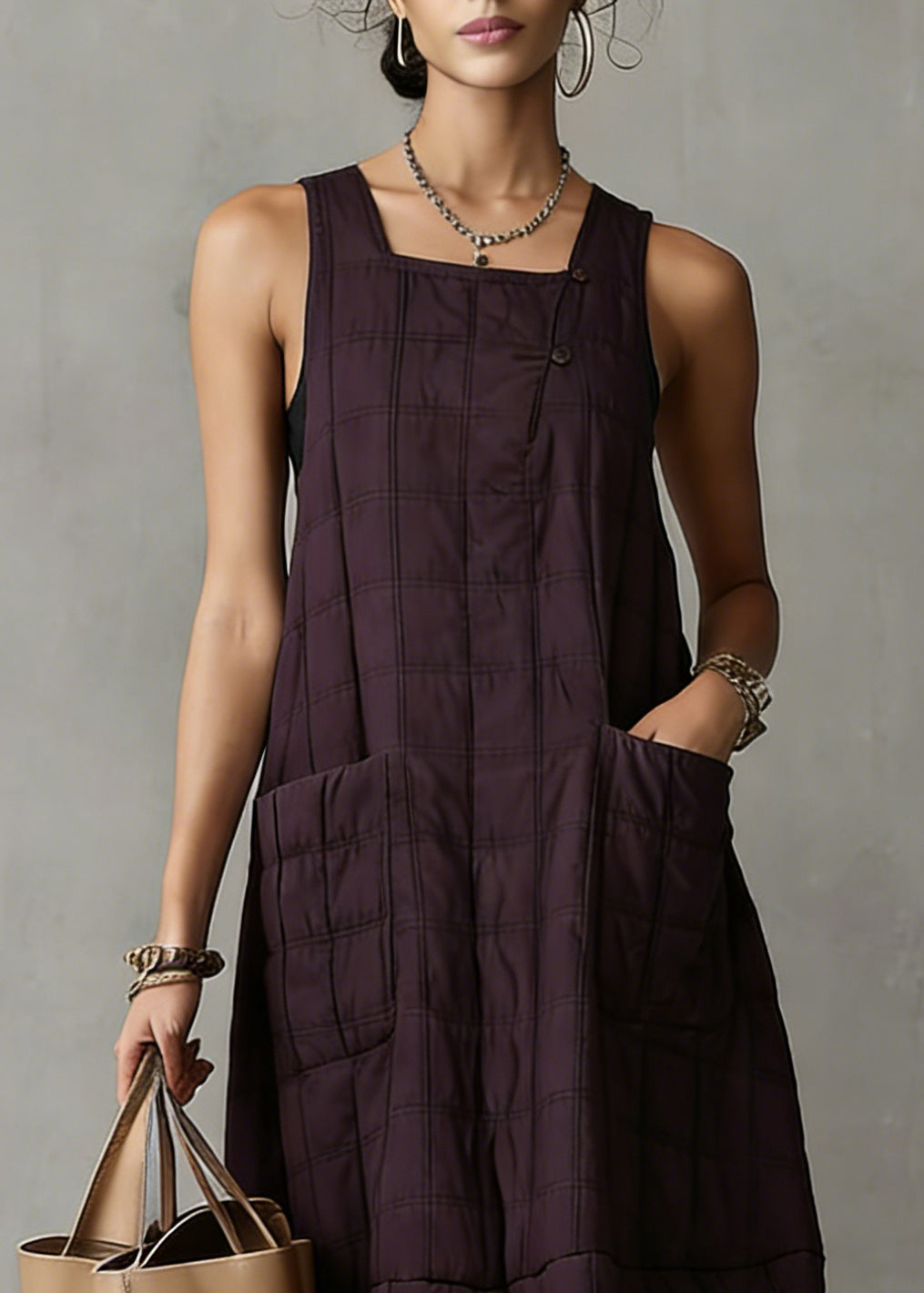 Loose Purple Plaid Pockets Solid Tank Dresses Sleeveless