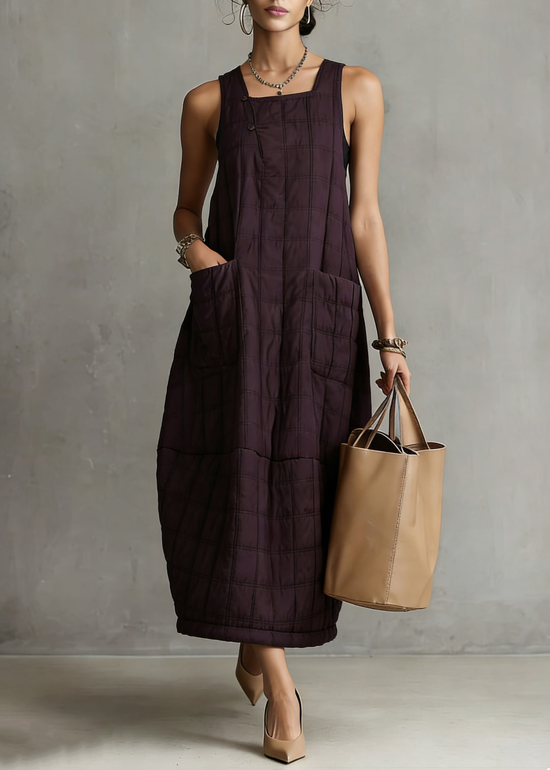 Loose Purple Plaid Pockets Solid Tank Dresses Sleeveless