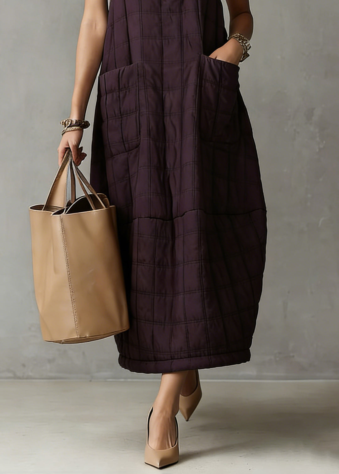 Loose Purple Plaid Pockets Solid Tank Dresses Sleeveless
