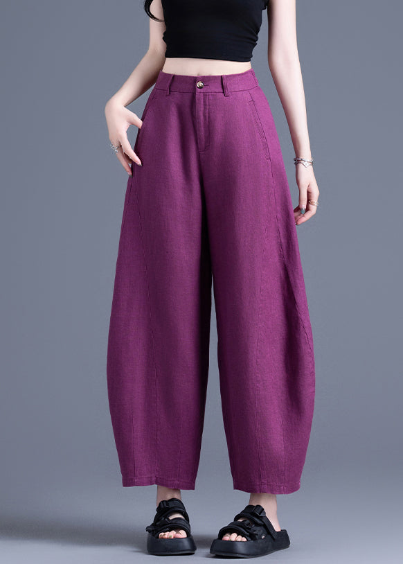 Loose Purple Pockets High Waist Linen Crop Pants Summer