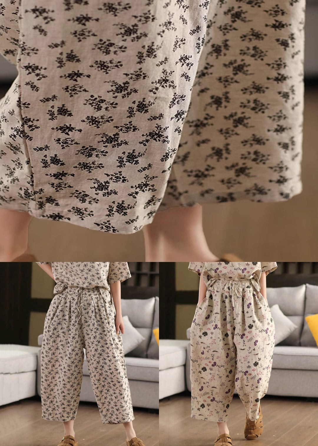 Loose Purple Print Drawstring Linen Crop Pants Summer