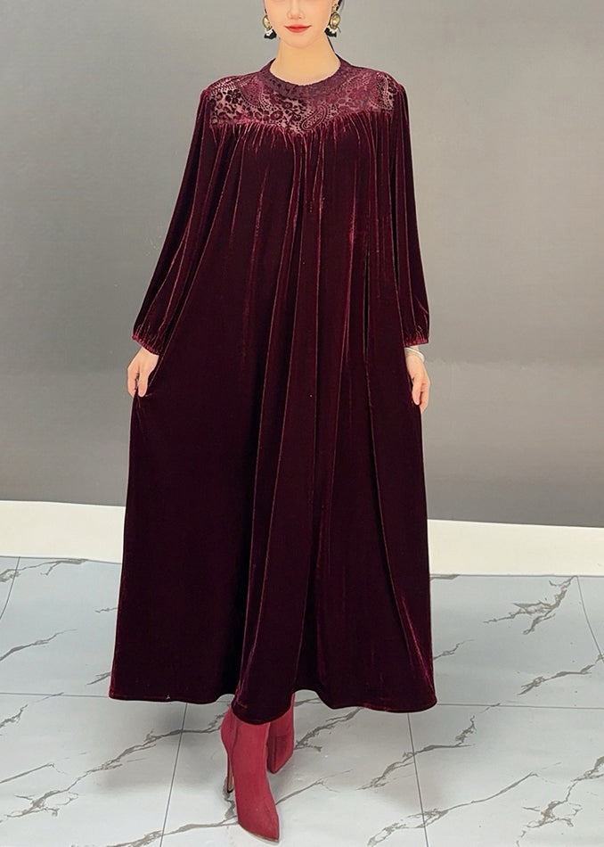 Loose Purple Red O Neck Solid Silk Velvet Maxi Dress Fall - Omychic