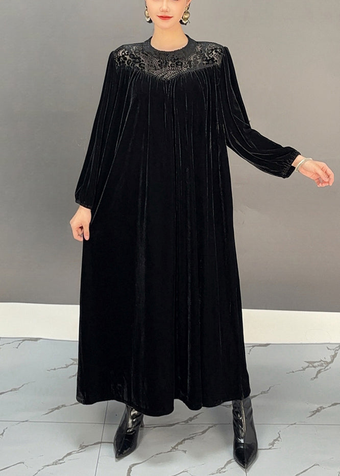 Loose Purple Red O Neck Solid Silk Velvet Maxi Dress Fall - Omychic