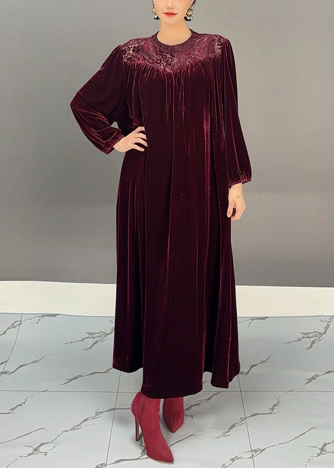 Loose Purple Red O Neck Solid Silk Velvet Maxi Dress Fall - Omychic