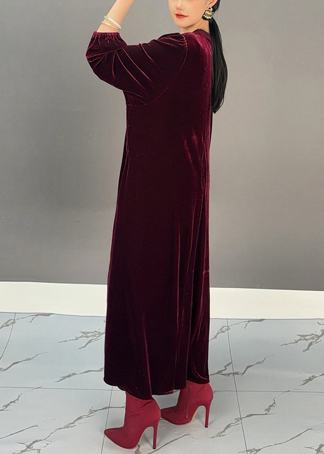 Loose Purple Red O Neck Solid Silk Velvet Maxi Dress Fall - Omychic