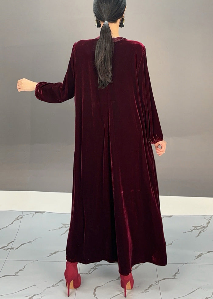 Loose Purple Red O Neck Solid Silk Velvet Maxi Dress Fall - Omychic