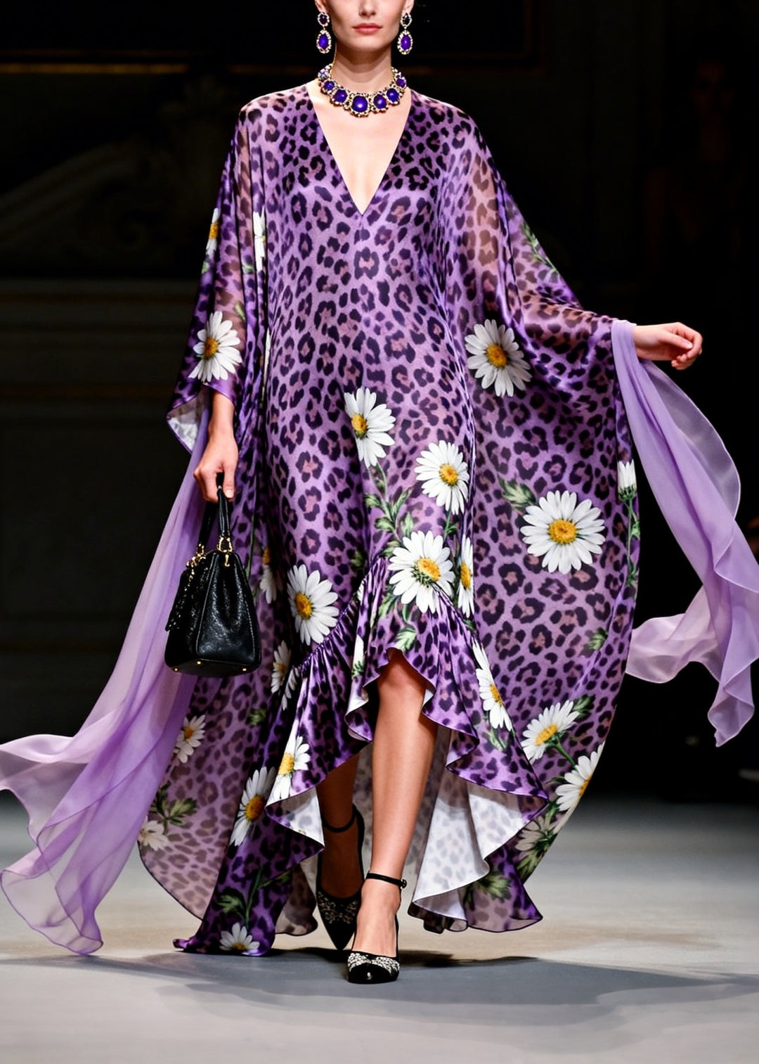 Loose Purple Ruffled Asymmetrical Design Print Chiffon Long Dresses Summer