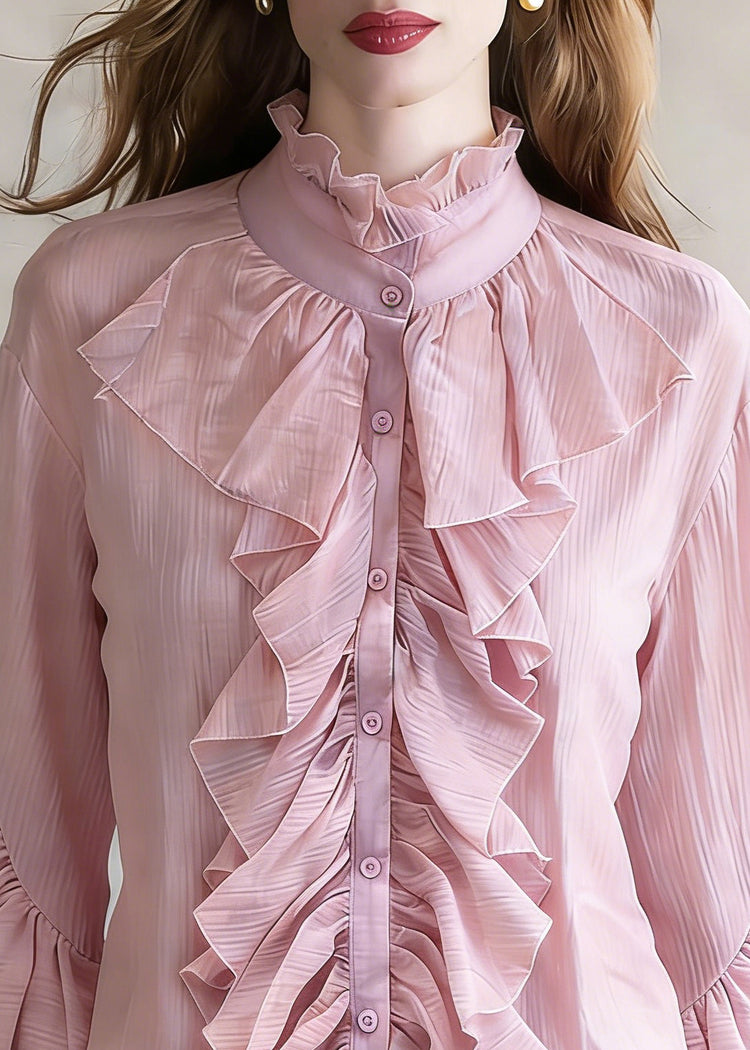 Loose Purple Ruffled Button Shirt Top Flare Sleeve - Omychic