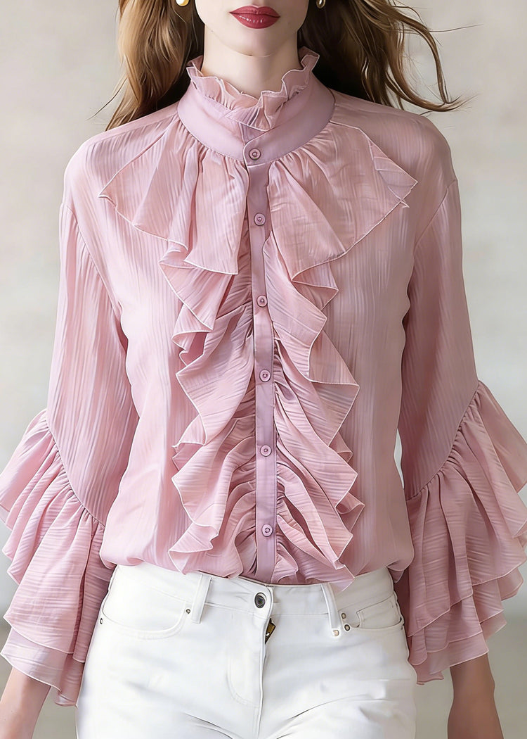 Loose Purple Ruffled Button Shirt Top Flare Sleeve - Omychic